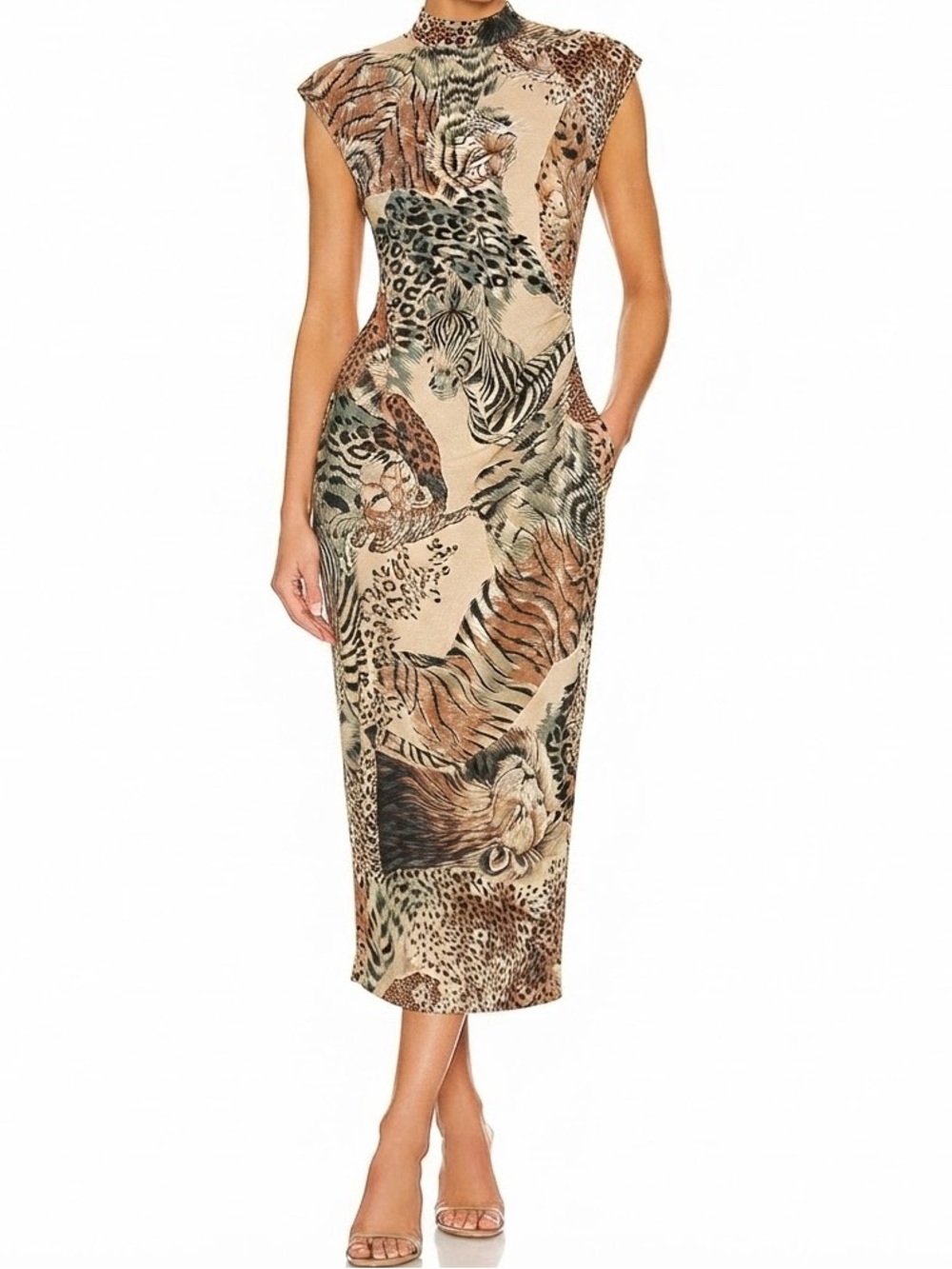 Vintage 1980’s Animal-Print Lion Tiger zebra Maxi Dress in Beige and Brown